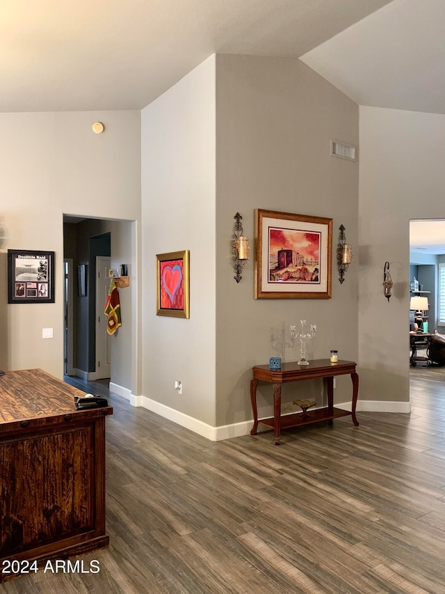 interior space featuring dark brown cabinetry, dark hardwood / wood-style floors, and high vaulted ceiling