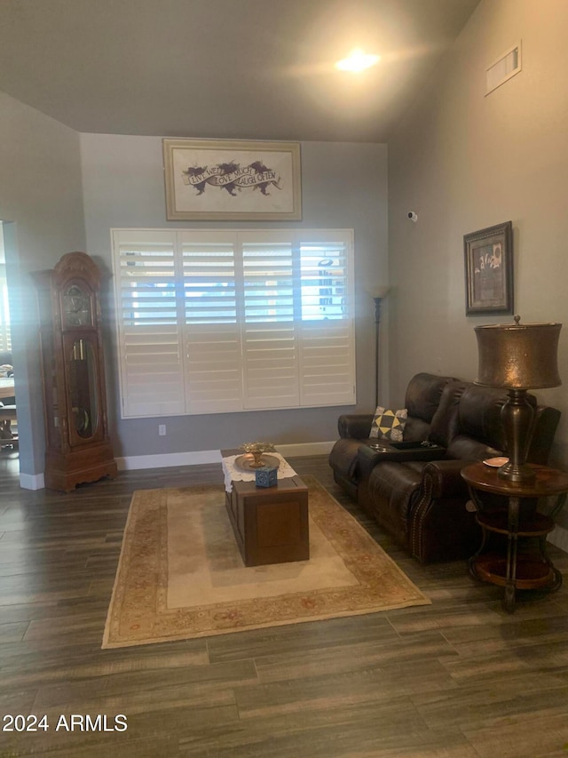 living room featuring lofted ceiling and dark wood-type flooring