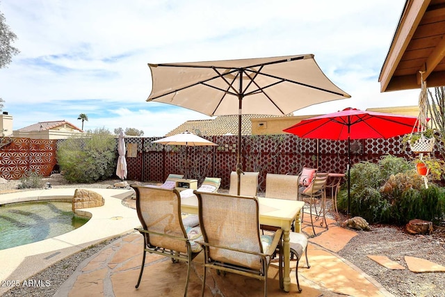 view of patio featuring a fenced backyard and outdoor dining space