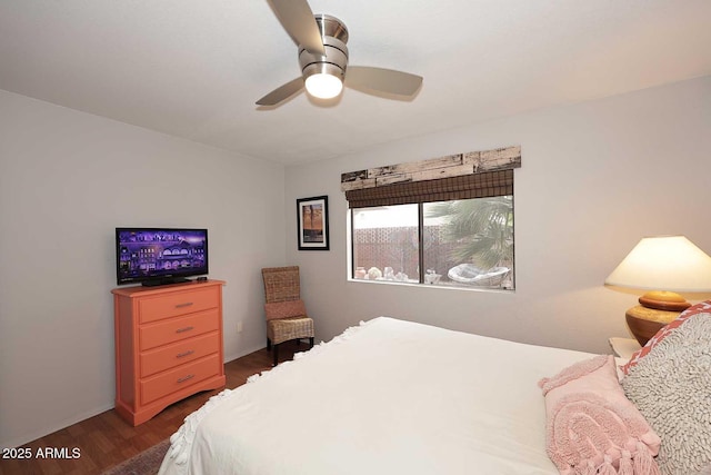 bedroom featuring ceiling fan and wood finished floors