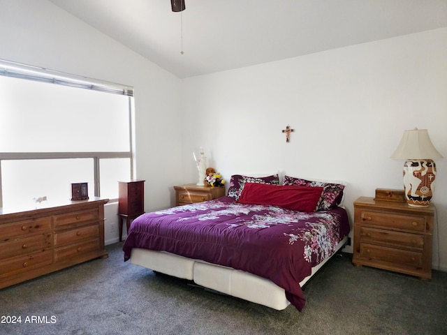 carpeted bedroom with lofted ceiling and ceiling fan