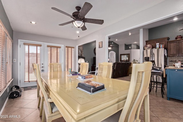 20769 N 106th Ln, Peoria, AZ 85382 - dining area featuring light tile patterned flooring, a ceiling fan, french doors, and recessed lighting