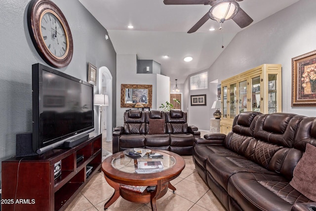 20769 N 106th Ln, Peoria, AZ 85382 - living area with light tile patterned floors, lofted ceiling, ceiling fan, and recessed lighting