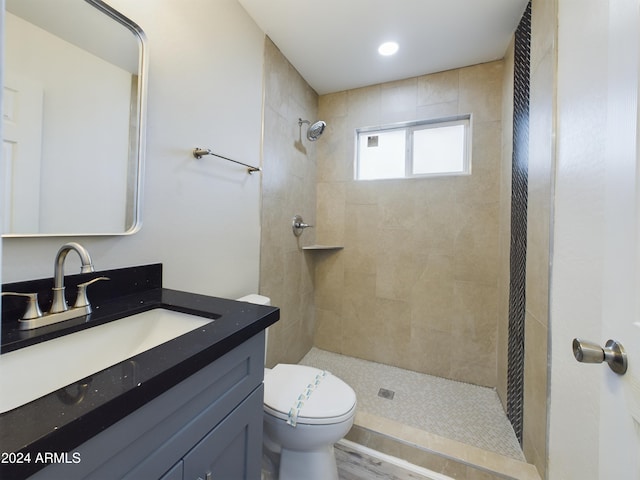 bathroom with vanity, toilet, and a tile shower