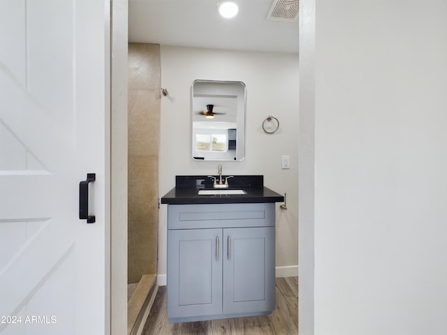 bathroom featuring vanity, wood-type flooring, and tiled shower