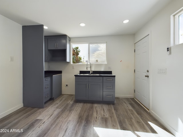 kitchen with dark hardwood / wood-style floors, gray cabinets, and sink