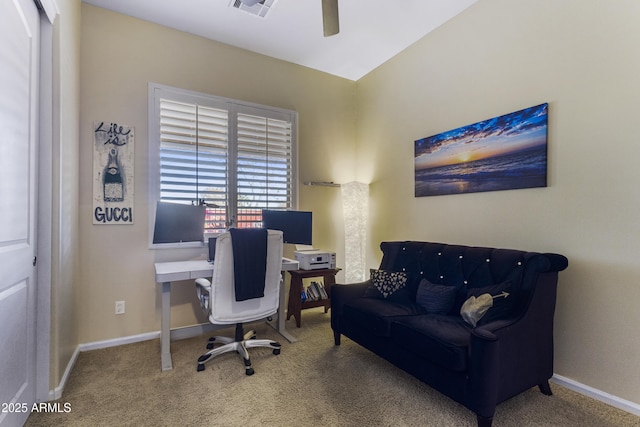 office space with ceiling fan and carpet flooring