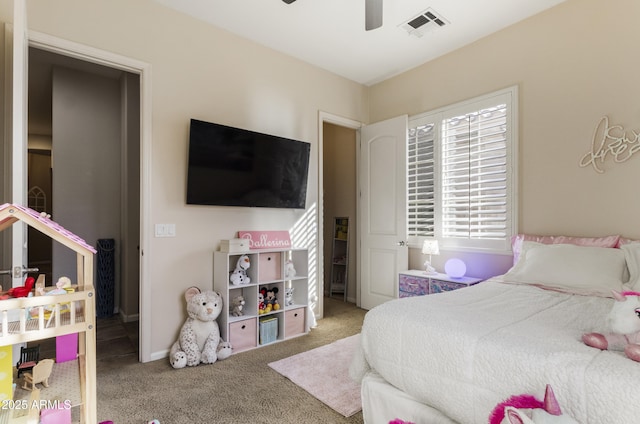 bedroom featuring carpet floors and ceiling fan