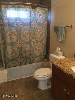 full bath with toilet, shower / bath combo, and vanity