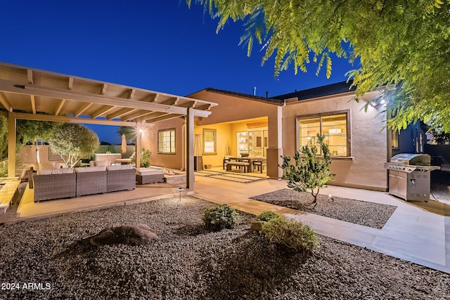 exterior space featuring an outdoor hangout area, a pergola, and a patio