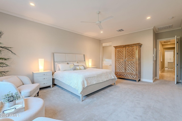 bedroom featuring ceiling fan, crown molding, and light colored carpet