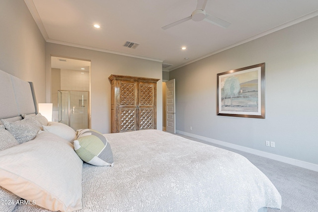 carpeted bedroom with ceiling fan and crown molding