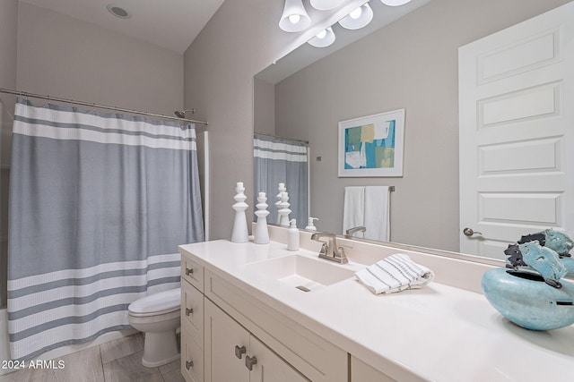 bathroom with vanity, toilet, and a shower with shower curtain