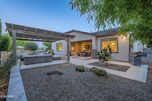 rear view of house featuring central AC unit, a patio area, a pergola, and an outdoor hangout area