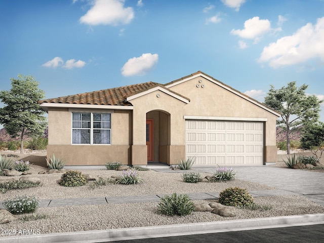 mediterranean / spanish-style home featuring stucco siding, a tiled roof, concrete driveway, and an attached garage