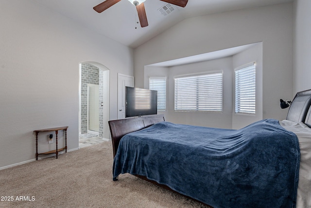 bedroom with lofted ceiling, light colored carpet, and ceiling fan