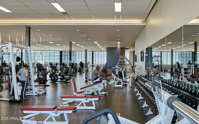 workout area with expansive windows and a drop ceiling