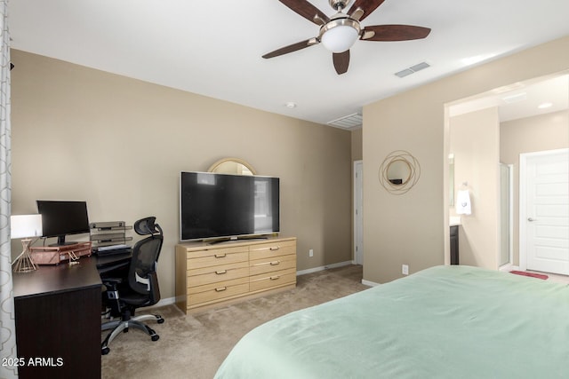 bedroom featuring baseboards, light colored carpet, ceiling fan, and visible vents