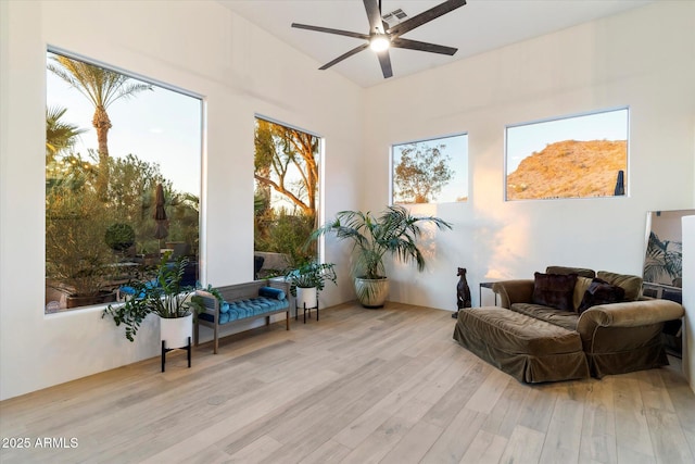 living area featuring light hardwood / wood-style floors and ceiling fan