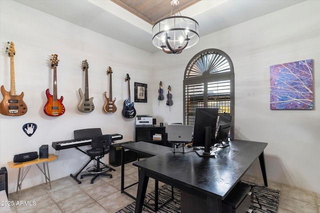 office with an inviting chandelier, light tile patterned floors, and wooden ceiling