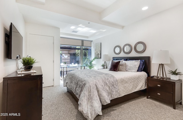 bedroom with recessed lighting, light colored carpet, and access to exterior