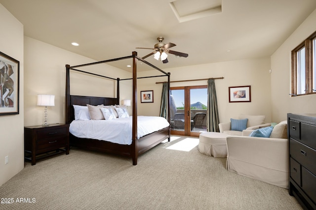 40039 N 107th Pl, Scottsdale, AZ 85262 - bedroom featuring access to exterior, light carpet, attic access, recessed lighting, and a ceiling fan