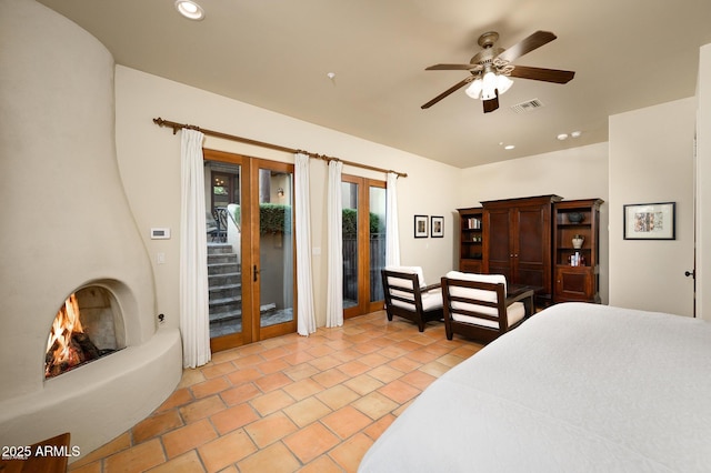 40039 N 107th Pl, Scottsdale, AZ 85262 - bedroom featuring access to exterior, recessed lighting, light tile patterned floors, and a ceiling fan