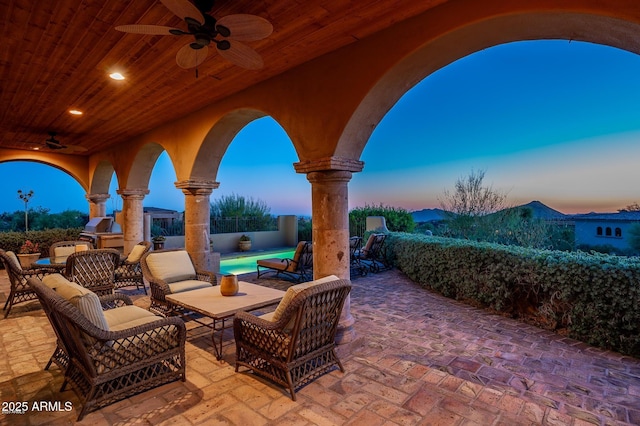 40039 N 107th Pl, Scottsdale, AZ 85262 - view of patio / terrace featuring ceiling fan, an outdoor living space, and a grill