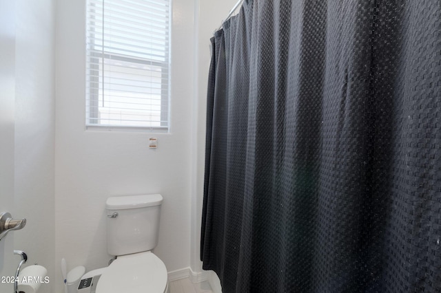 bathroom with toilet and a shower with curtain