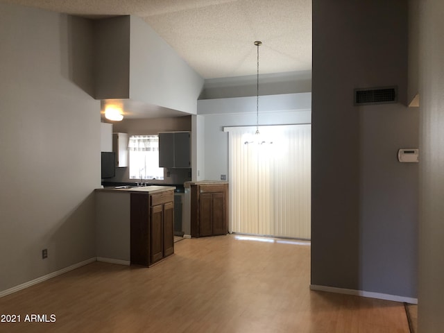 4042 E Carson Rd, Phoenix, AZ 85042 - kitchen with light wood-style floors, lofted ceiling, and pendant lighting