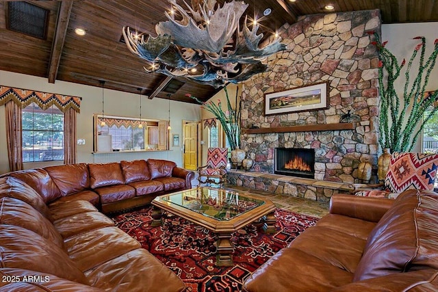 7769 E Lavender Loop, Prescott Valley, AZ 86315 - living room featuring wood ceiling with exposed beams, a fireplace, recessed lighting, and high vaulted ceiling