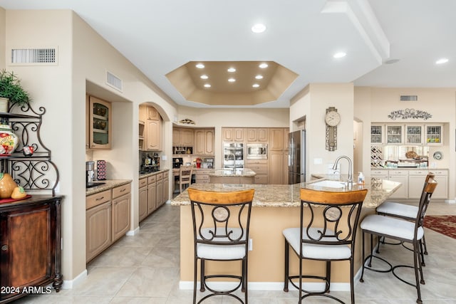 kitchen featuring a tray ceiling, a center island with sink, stainless steel appliances, and sink