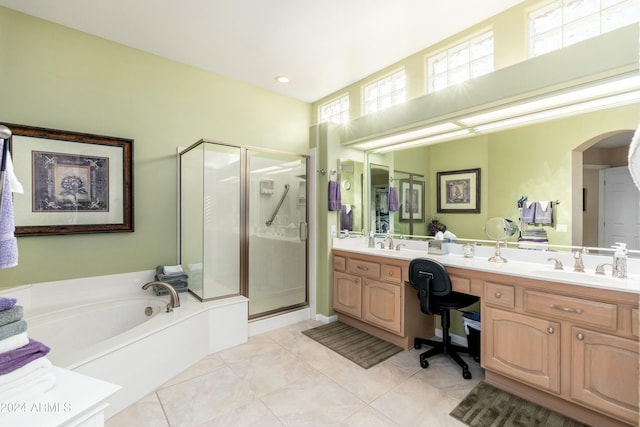 bathroom with separate shower and tub, tile patterned flooring, and vanity