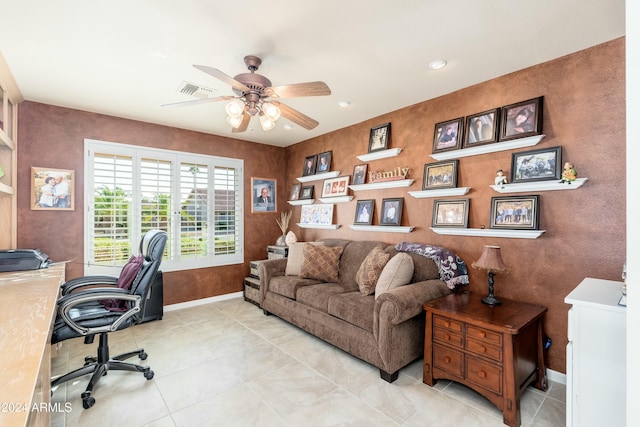 office area with ceiling fan