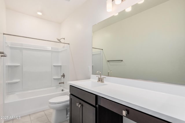 full bath with tile patterned flooring, vanity, shower / bathtub combination, and toilet