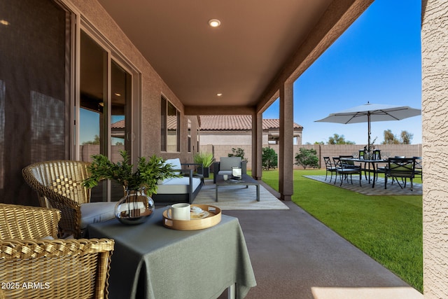 view of patio / terrace with a fenced backyard and outdoor lounge area