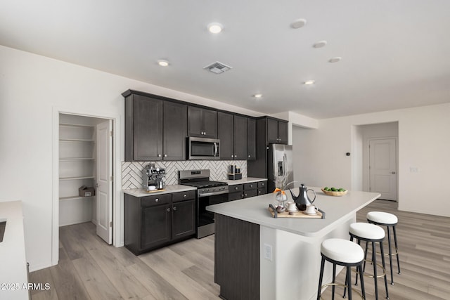 kitchen with light countertops, a breakfast bar area, backsplash, visible vents, and appliances with stainless steel finishes