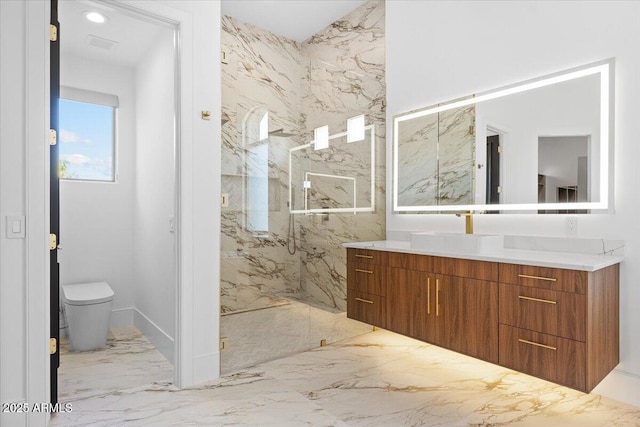 3354 E Jaeger Cir, Mesa, AZ 85213 - bathroom with marble tiled flooring, a marble finish shower, and vanity