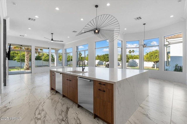 3354 E Jaeger Cir, Mesa, AZ 85213 - kitchen with modern cabinets, recessed lighting, open floor plan, ceiling fan, and stainless steel dishwasher