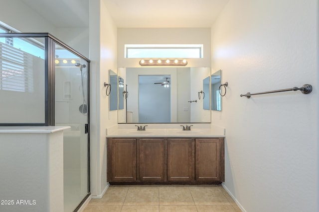 3451 S Wren Dr, Gilbert, AZ 85297 - full bath featuring a stall shower, tile patterned floors, double vanity, and ceiling fan