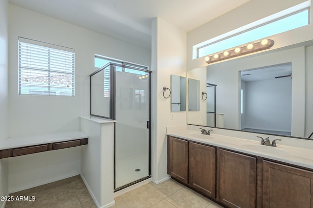3451 S Wren Dr, Gilbert, AZ 85297 - bathroom featuring double vanity, a stall shower, and tile patterned floors