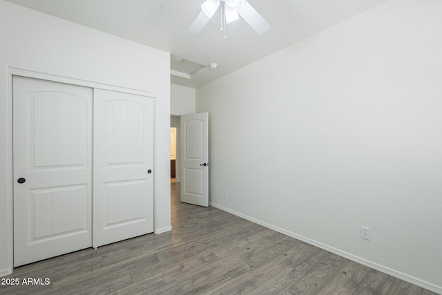 3451 S Wren Dr, Gilbert, AZ 85297 - unfurnished bedroom featuring wood finished floors, a closet, and ceiling fan