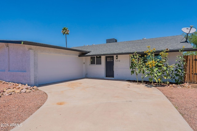 1210 W La Jolla Dr, Tempe, AZ 85282 - ranch-style home featuring an attached garage, driveway, a shingled roof, and a chimney