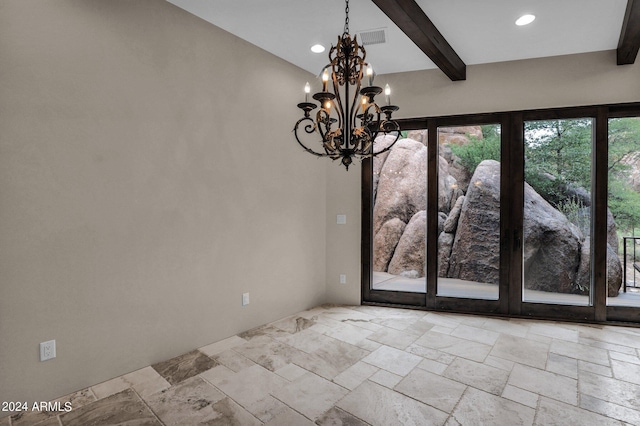 4393 N Twisted Trl, Prescott, AZ 86301 - interior space featuring visible vents, a chandelier, recessed lighting, beam ceiling, and stone tile floors