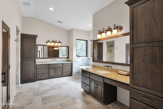 4393 N Twisted Trl, Prescott, AZ 86301 - full bathroom with visible vents, a sink, vaulted ceiling, and a shower