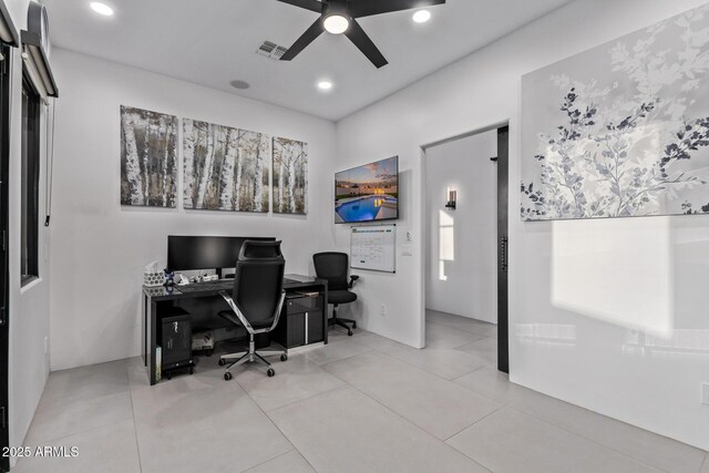 tiled home office featuring recessed lighting, visible vents, and ceiling fan