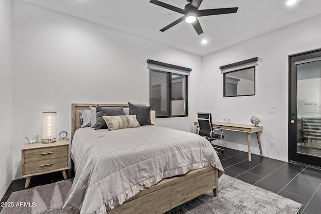 bedroom featuring recessed lighting, dark tile patterned floors, and a ceiling fan