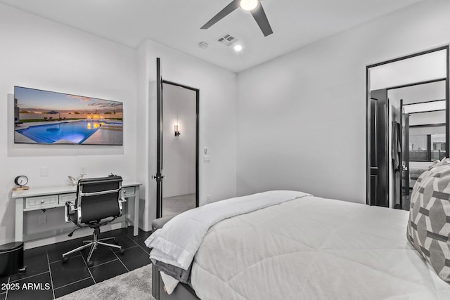 bedroom with recessed lighting, visible vents, dark tile patterned floors, and a ceiling fan