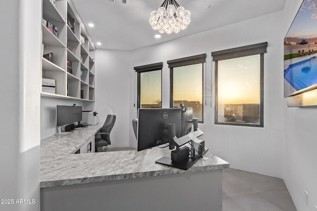 office area featuring recessed lighting, visible vents, a notable chandelier, and built in study area