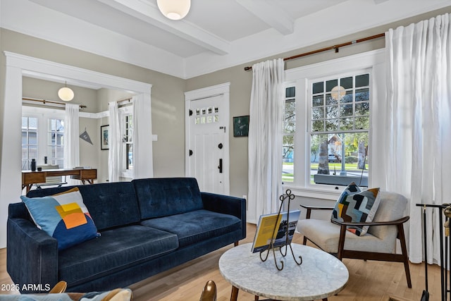 living room featuring beamed ceiling, wood finished floors, and a healthy amount of sunlight